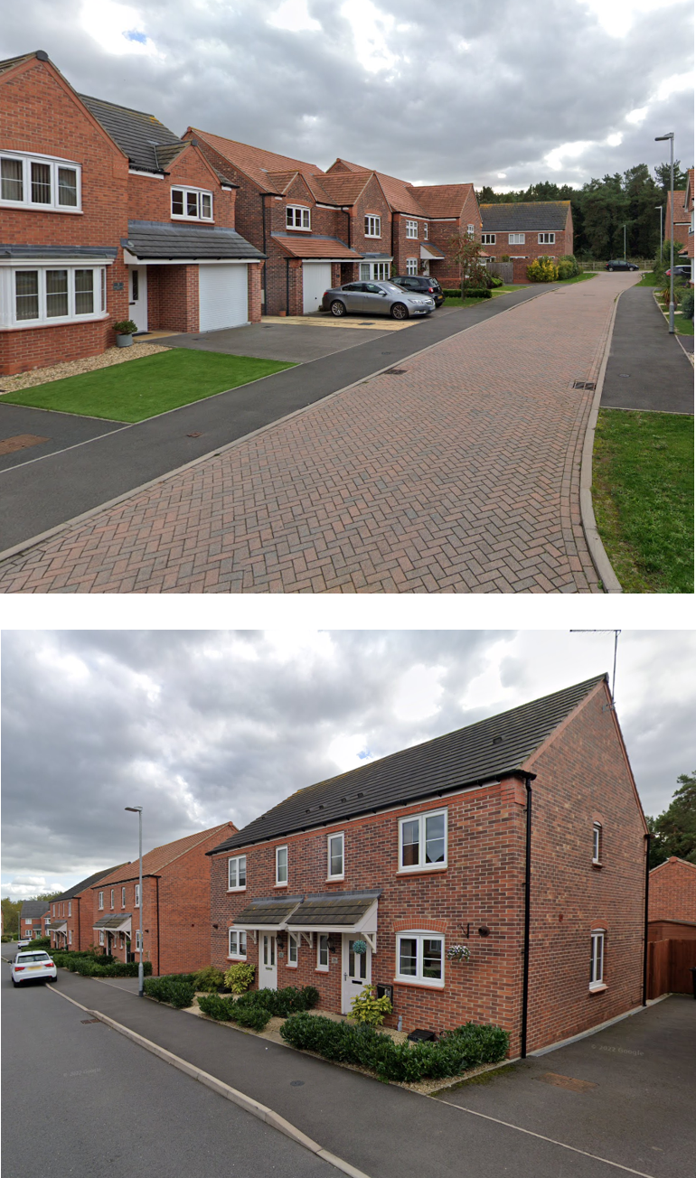 2 photos of different types of houses on a new housing estate