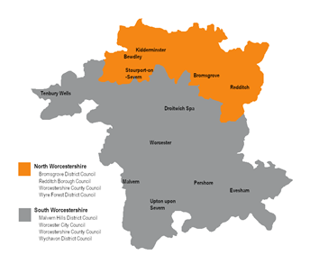 map of worcestershire showing north in orange and south in grey