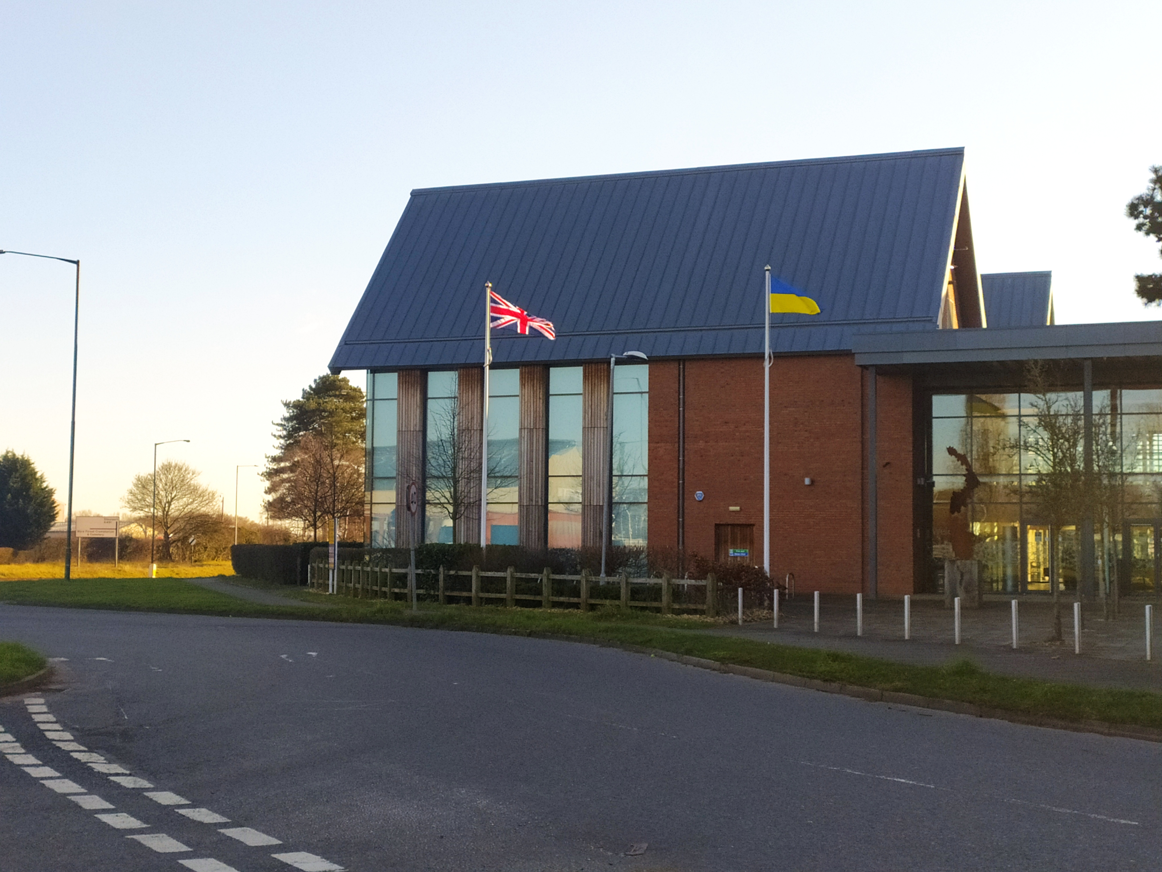 Union flag and Ukrainian flag flying outside council headquarters