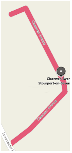 Close up map showing full length of Claerwen avenue in red