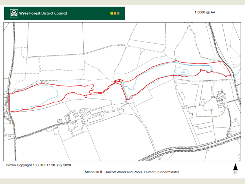 Boundary map showing area of Hurcott Pools located in Hurcott Woods where the dog control Public Space Protection Order is enforceable