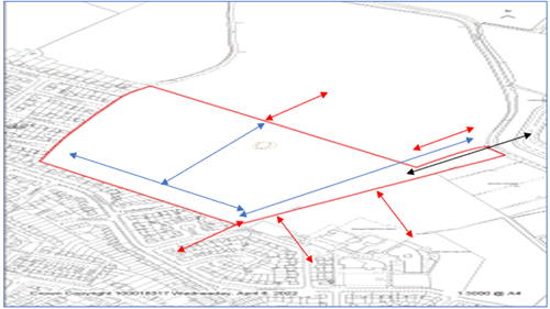 map with red and blue arrows showing potential and existing access