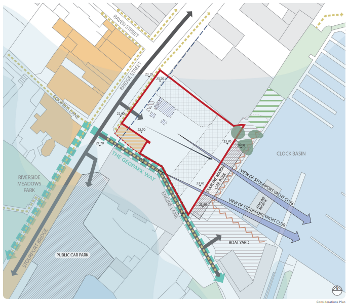 considerations plan marked up with views, trees, routes