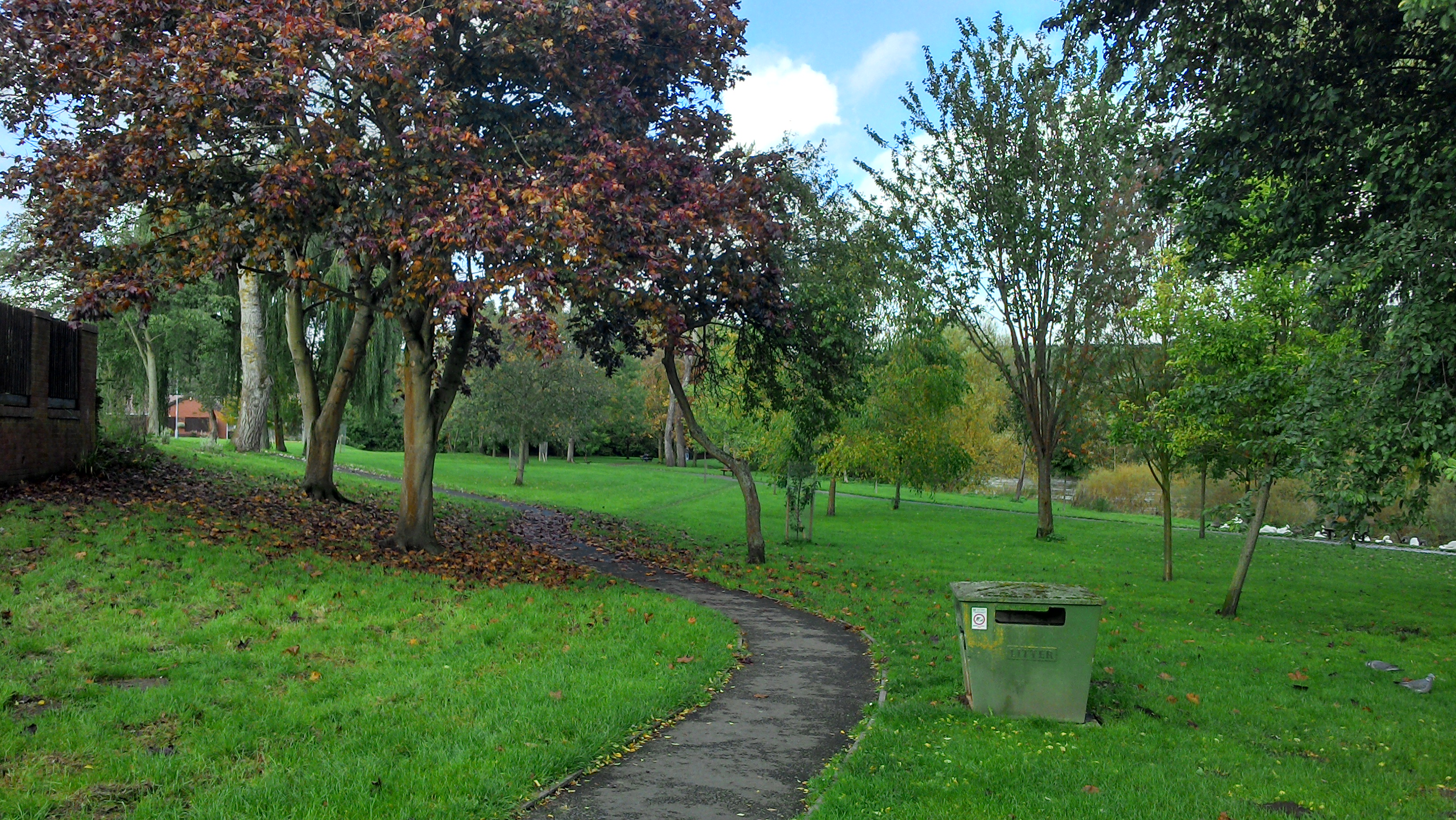 grassed area with centralised footpath with mature trees dotted on either side to provide shade from the hot summer sun or April showers of rain.