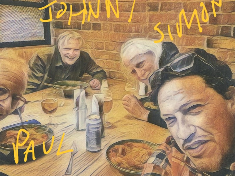 Graphic image of 4 musicians from the band Beatnik4 sitting around a dining table