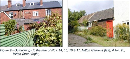 side by side photos of old outbuildings in gardens