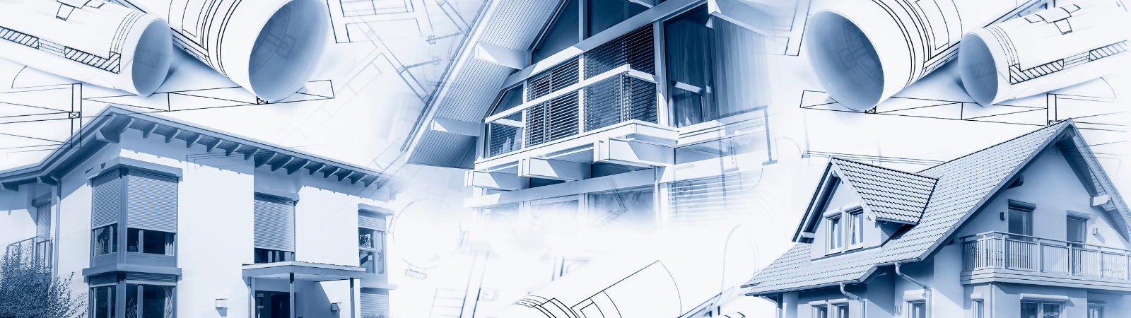 Blue and white sketch drawings of 3 houses interspersed with rolled up blueprints