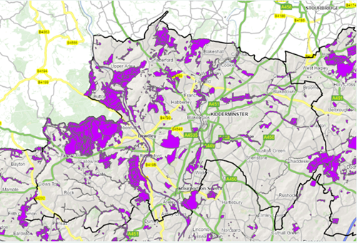 map of Wyre Forest district showing areas of importance for biodiversity as purple shaded areas
