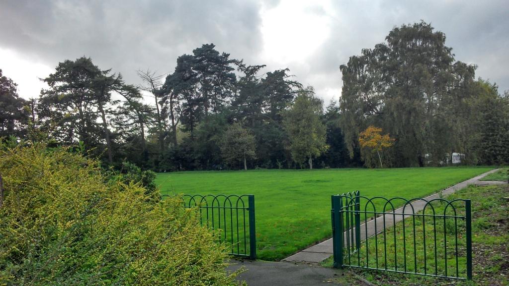 A beautiful lawned area bowling green surrounded by black metal railings, with mature trees that be seen in the distance that border the grassed area.