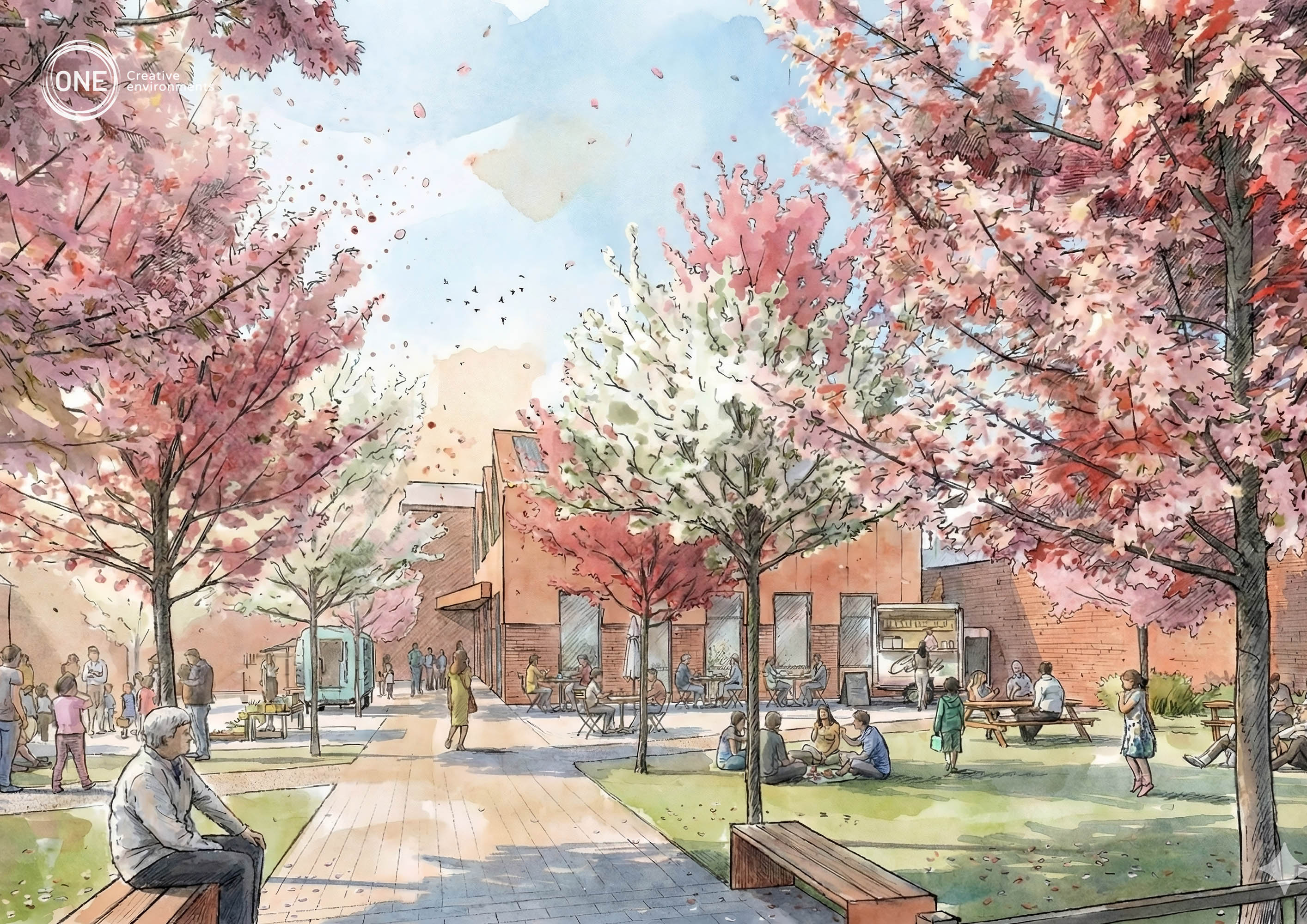 visualisation of site looking towards building