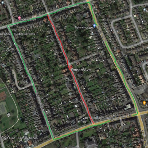 Screenshot ariel view map showing Roden Avenue in red and diversion route along Birmingham road, Chester Road north, shrubbery street