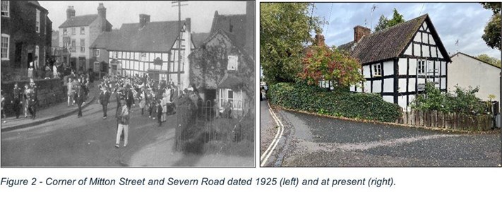 2 images past and present of black and white building