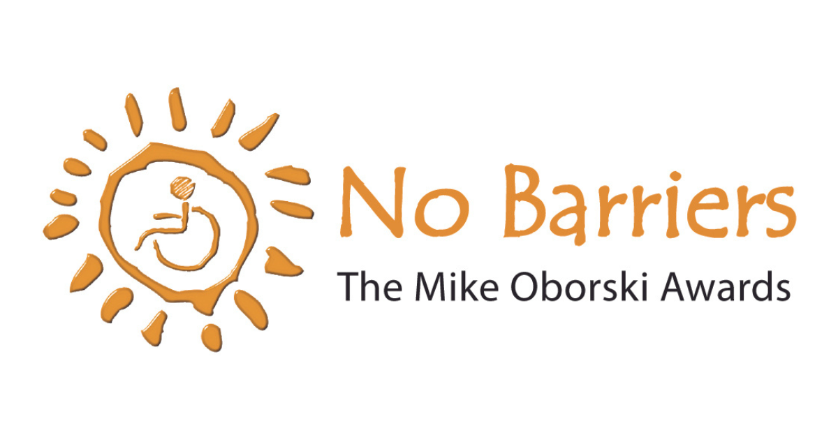 No Barriers Logo - an orange outline drawing of person in wheelchair with sun's rays around it.