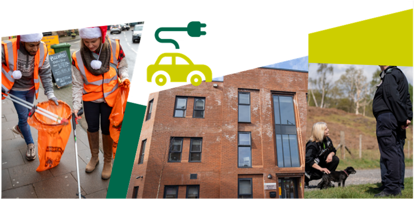 collage of photos, litter pickers, new building and enforcement officer with dog
