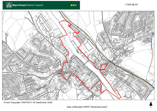 black and white map of Bewdley with alcohol restriction area shown with red outline