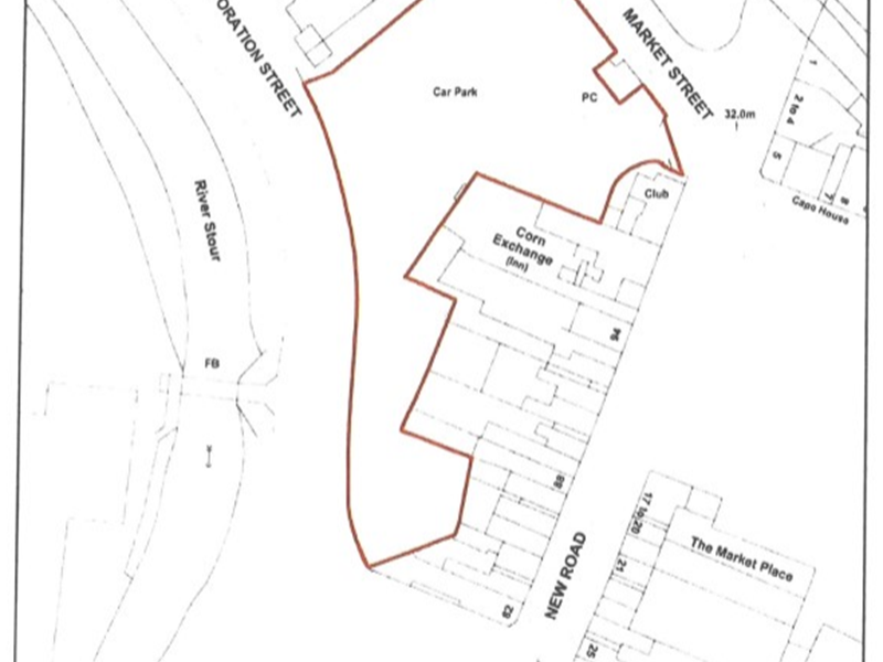 map showing car park edged in red