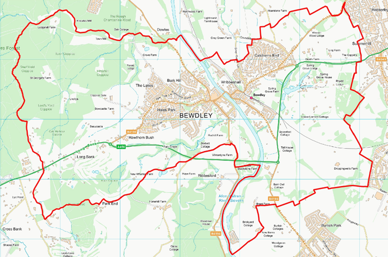 High level ordance survey style map showing Bewdley parish boundary in red