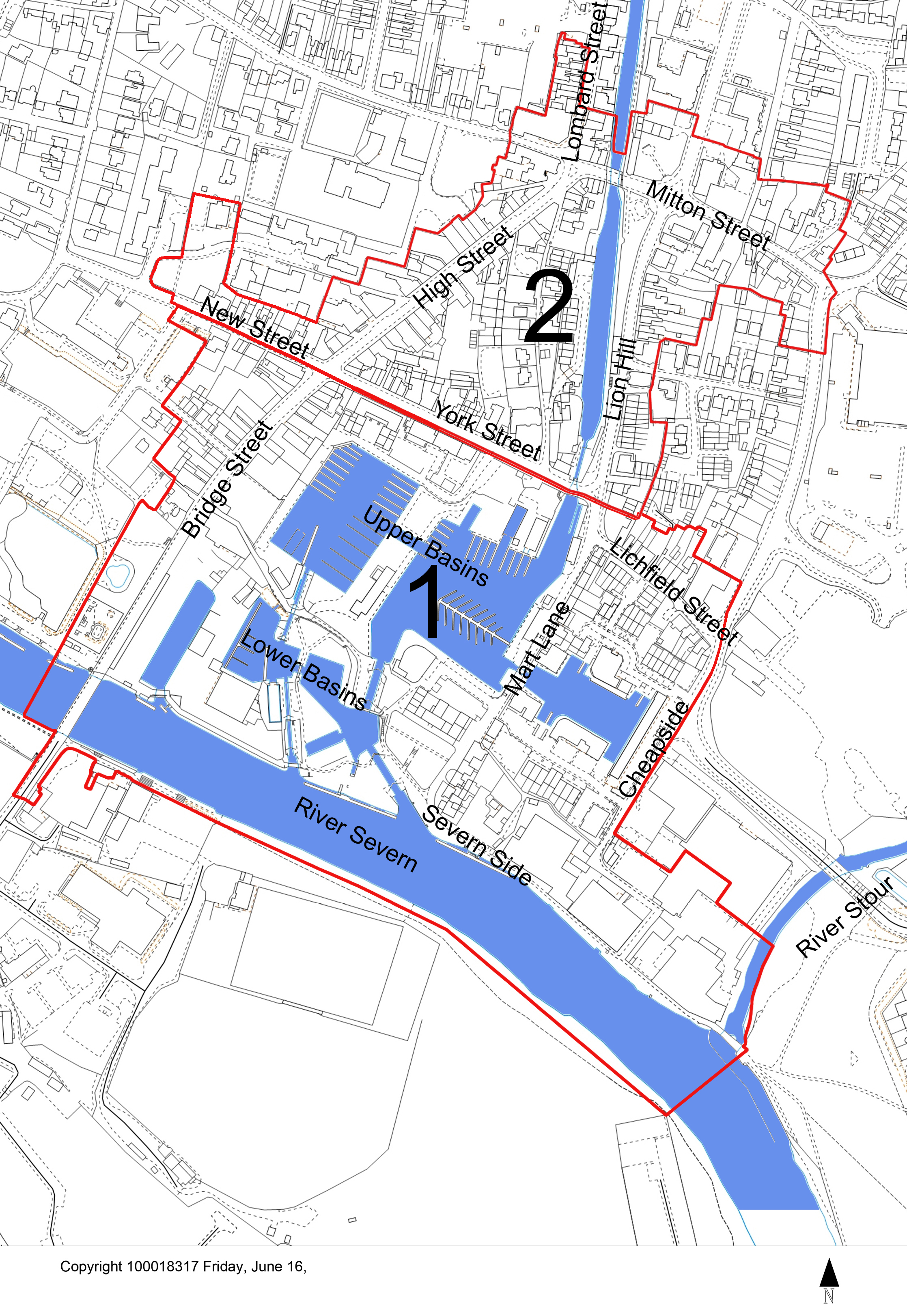 Map outlining conservation areas marked 1 and 2