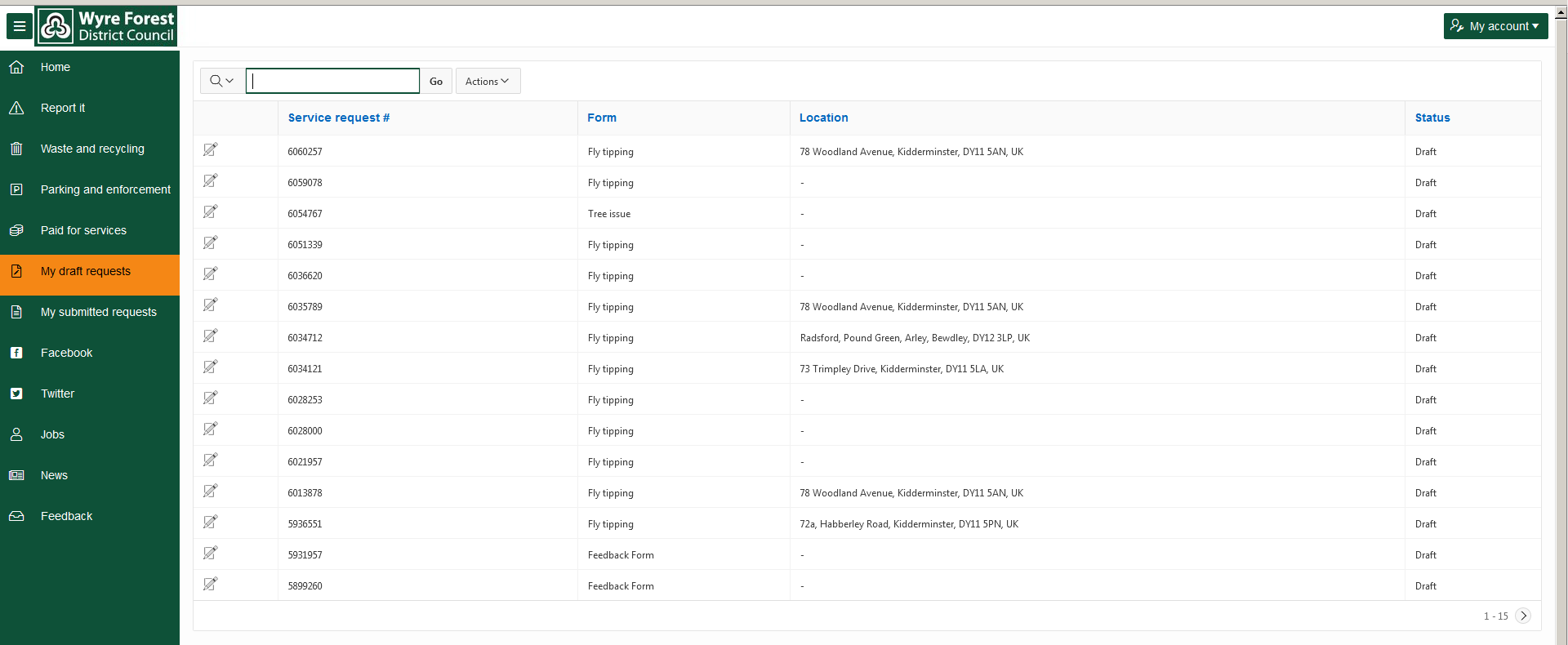 My Wyre Forest screenshot of managing your account dashboard