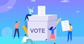 Graphic of a grey box with VOTE written on with ballot slip being inserted, cartoon people standing around the box with one sat on top of the box, blue background. 