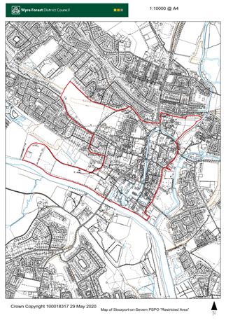 Black and white 1:10000 map of Stourport with boundary of PSPO marked in red