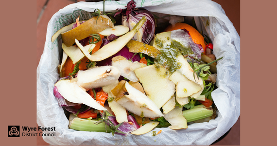 Inside of a food waste caddy with fruit and vegetable peelings