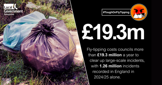 Bags of rubbish dumped. Wording says £19.3 million - flytipping costs councils more than £19.3 million a year to clear up large-scale incidents, with 1.26 million incidents recorded in England in 2024/25 alone.