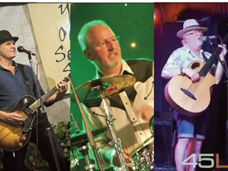 Photo of 3 male musicians in a variety of settings each playing musical instruments