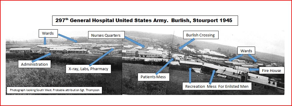 old black and white panorama of army hospital with labels showing different areas