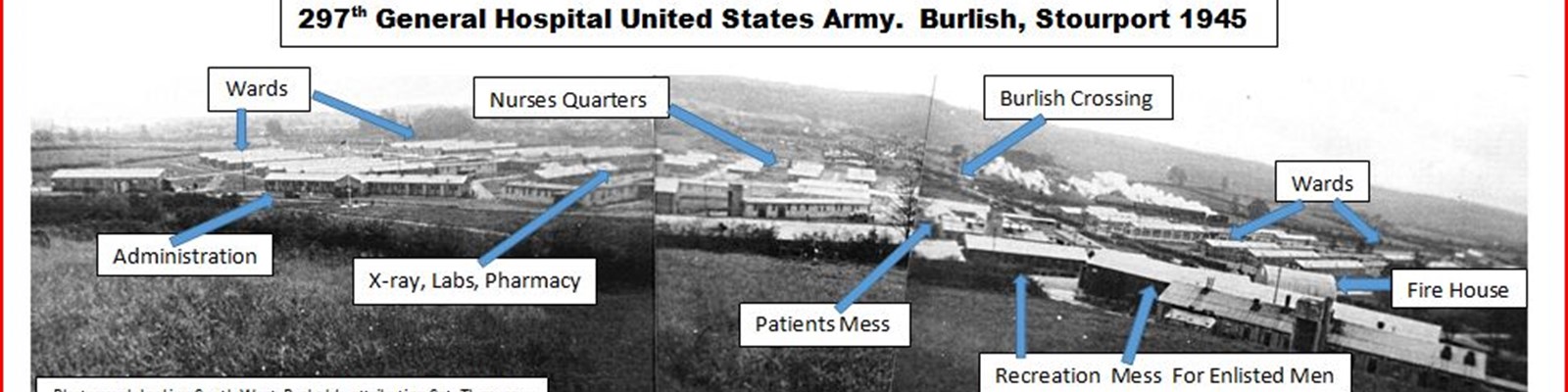 old black and white panorama of army hospital with labels showing different areas