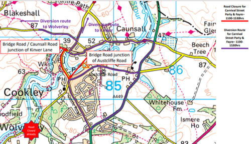 ordnance survey map showing red line of roads closed and diversion route in purple