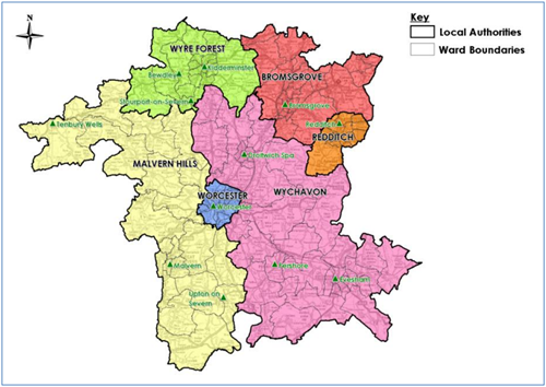Map of Worcestershire county showing district boundaries within