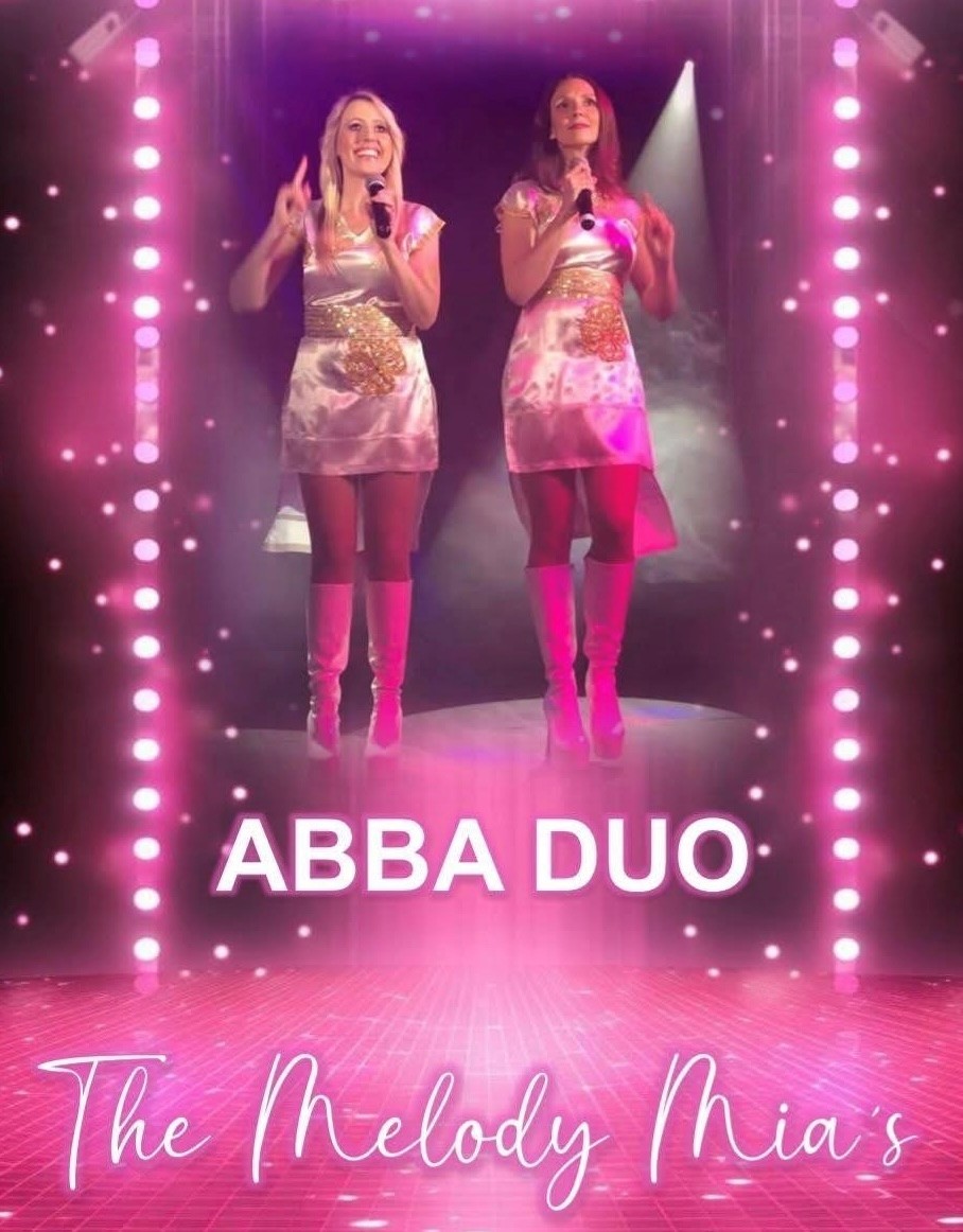 Photo of an ABBA tribute duo. Two artists singing within a pink frame with the words ABBA DUO The Melody Mia's