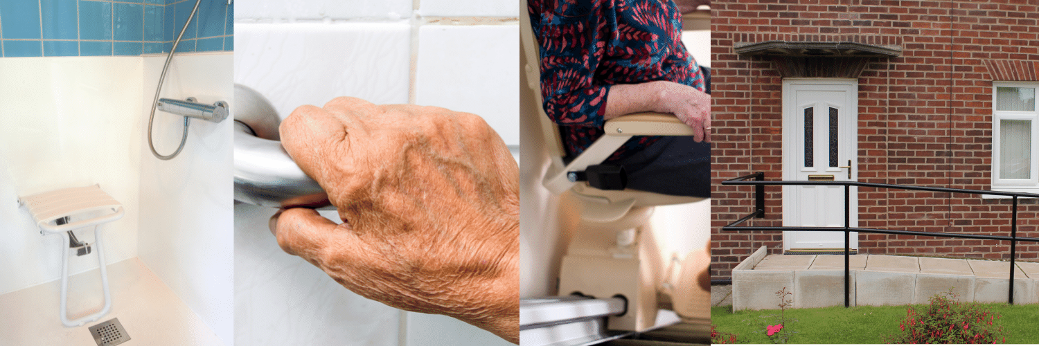four images of disability aids, shower seat, shower rail, stairlift and a ramp to a front door