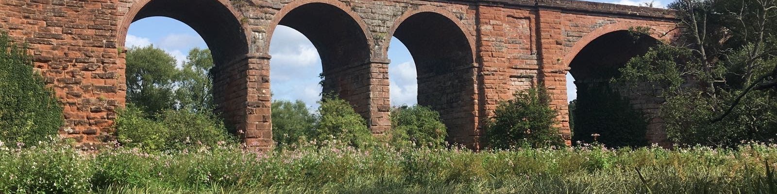 red brick viaduct arches over grassland
