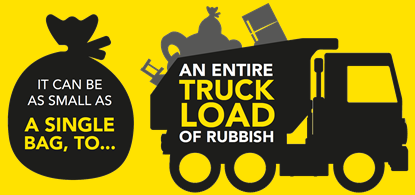 Silhouette of rubbish bag and refuse lorry with the phrase "it can be as small as a single bag to an enitre truck load of rubbish"