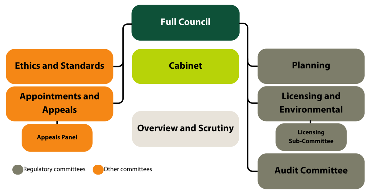 Structure chart showing committees in relation to Full Council as detailed in text below