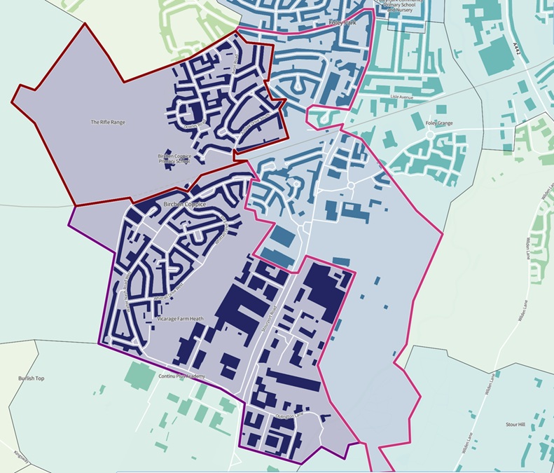 Map showing the Birchen Coppice Middle Super Output Area, which includes parts of Birchen Coppice, Foley Park, Rifle Range and Silverwoods areas in Kidderminster