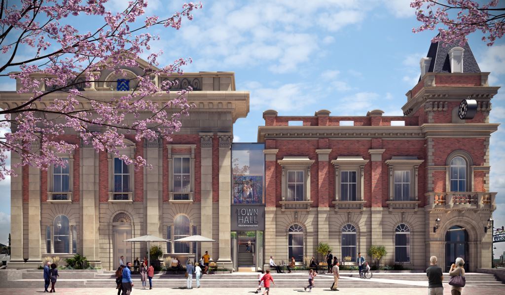 CGI of large brick building  wilth pedestrian area infront