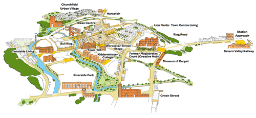 line drawing of town centre with key areas labeled