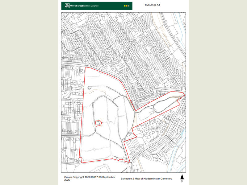 Boundary map showing area of Kidderminster Cemetery located in Kidderminster where the dog control Public Space Protection Order is enforceable