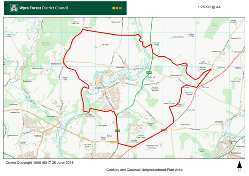 Map showing outline of neighbourhood area around Wolverley and Cookley