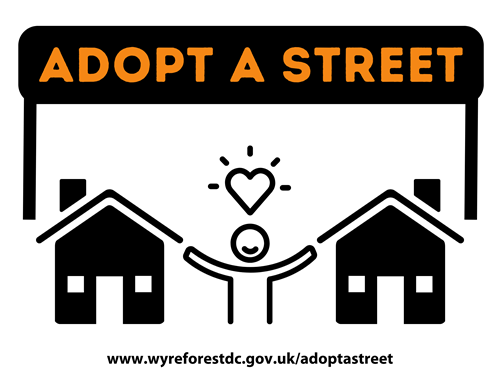 LOGO: Adopt a Street written on a street name sign floating above 2 houses with a person stood in between them holding a heart