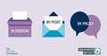 Three graphics, a purple ballot box with "in person" written on it, a blue open envelope with a piece of paper coming out with "by post" written on it, two overlapping speech bubbles with "by proxy" written across them. 