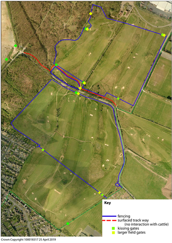 ariel view of fields showing blue lines indicating fencing