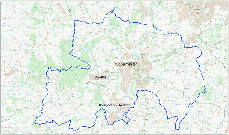 Map showing boundary of Wyre Forest District with Kidderminster Stourport-on-Severn and Bewdley towns annotated