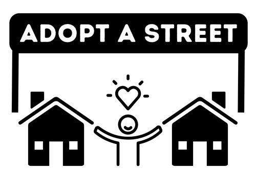 LOGO: Adopt a Street written on a street name sign floating above 2 houses with a person stood in between them holding a heart