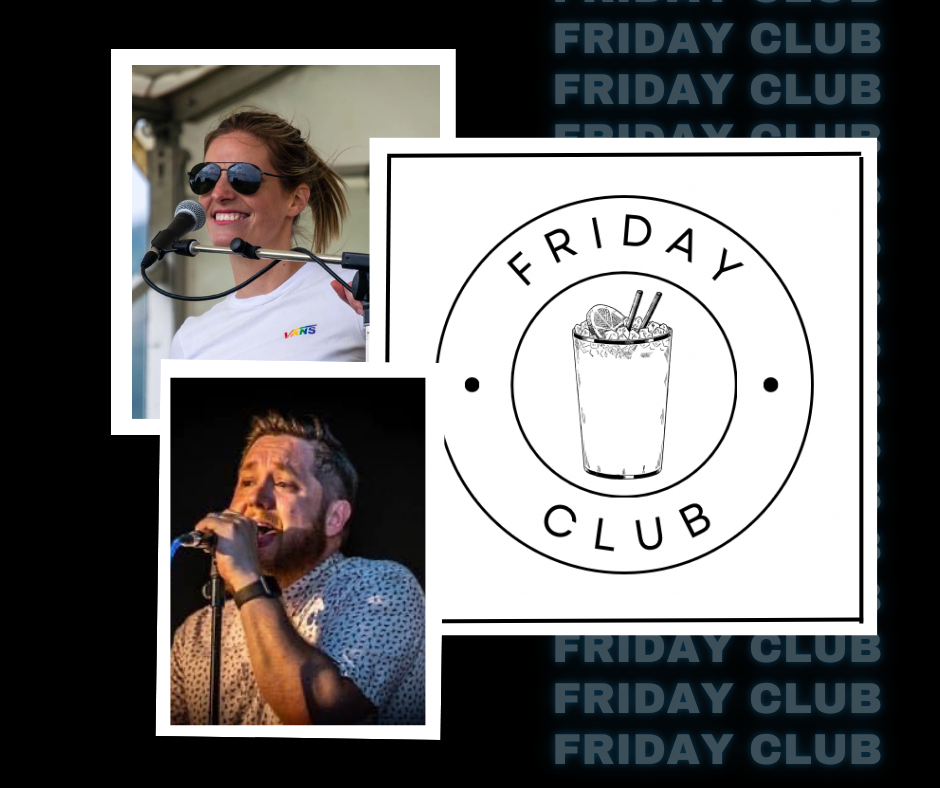 Photo of the two members of the band the Friday Club, one female and one male with the logo Friday Club