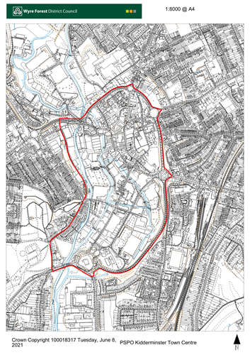 black and white map of kidderminster showing restrictions in red outline