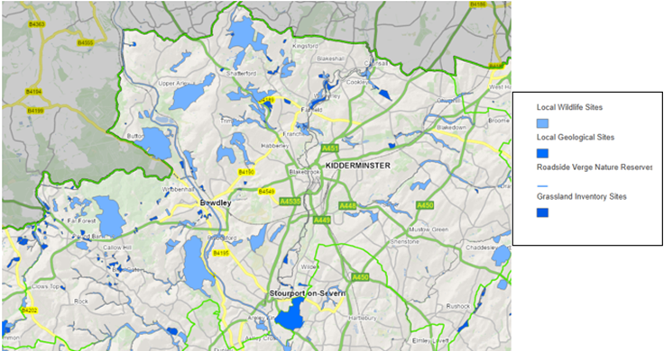 map  Wildlife and Geological Sites across Wyre Forest